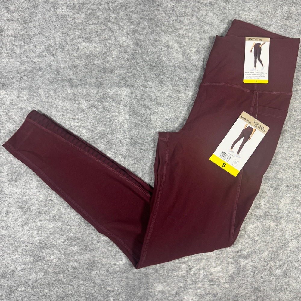 Mondetta Women Burgundy High Waist Active Leggings Mesh Pockets Small NWT